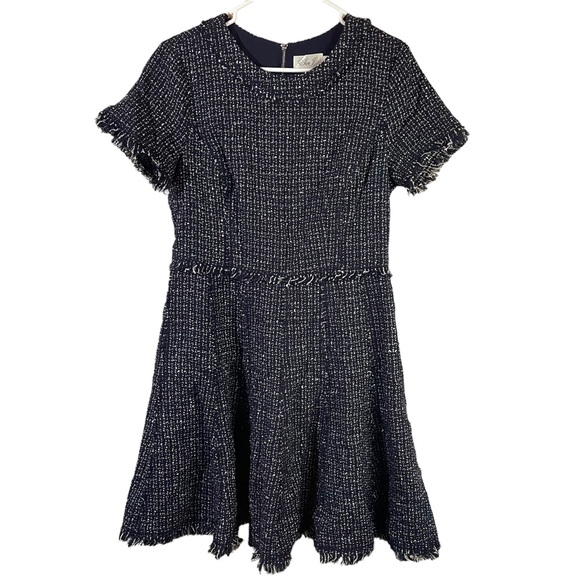 ELIZA J tweed fit flare fit frayed detail blue dress women Size 12 - Picture 2 of 13